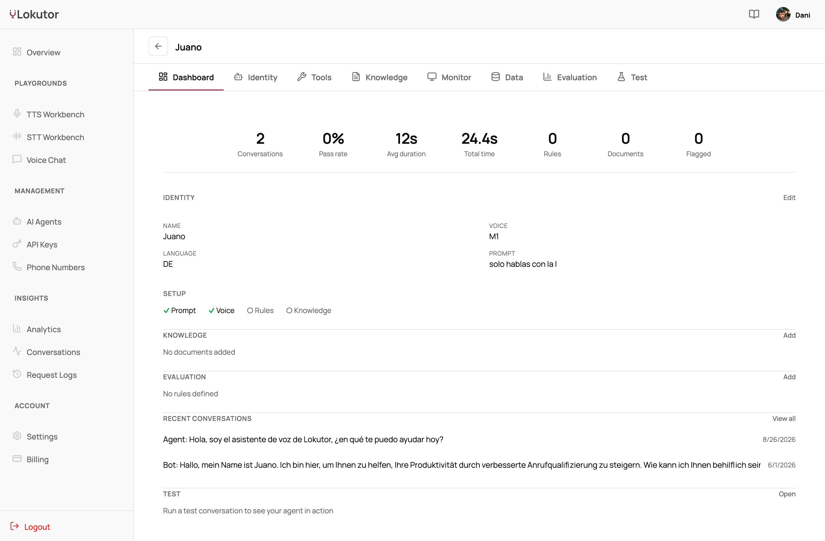Lokutor dashboard: Agents