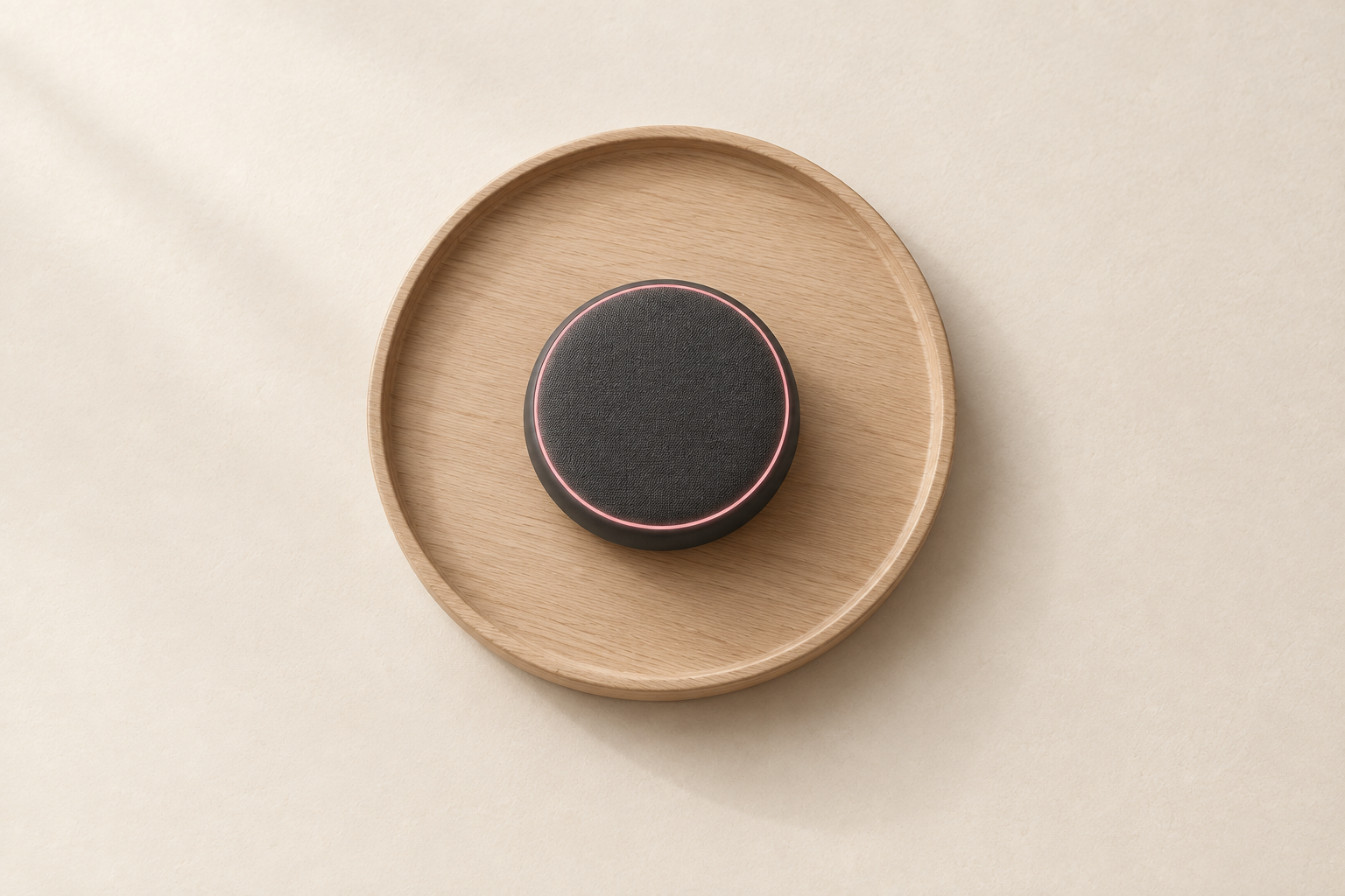 A small round voice device on an oak tray
