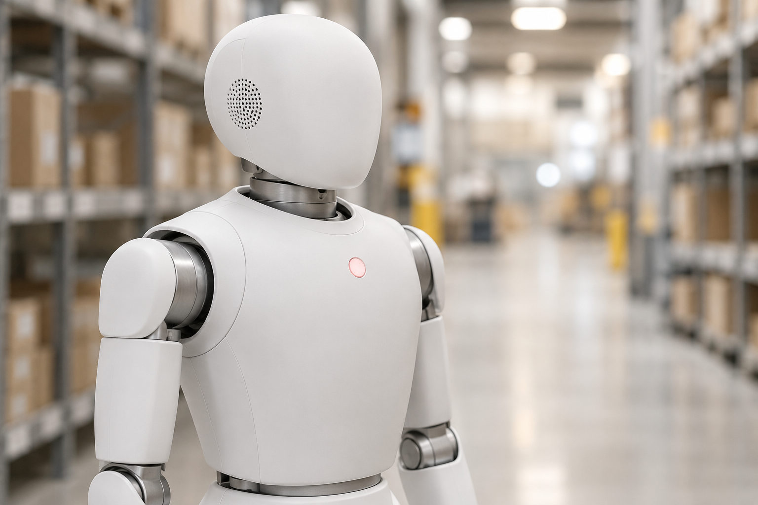 A white service robot in a warehouse aisle