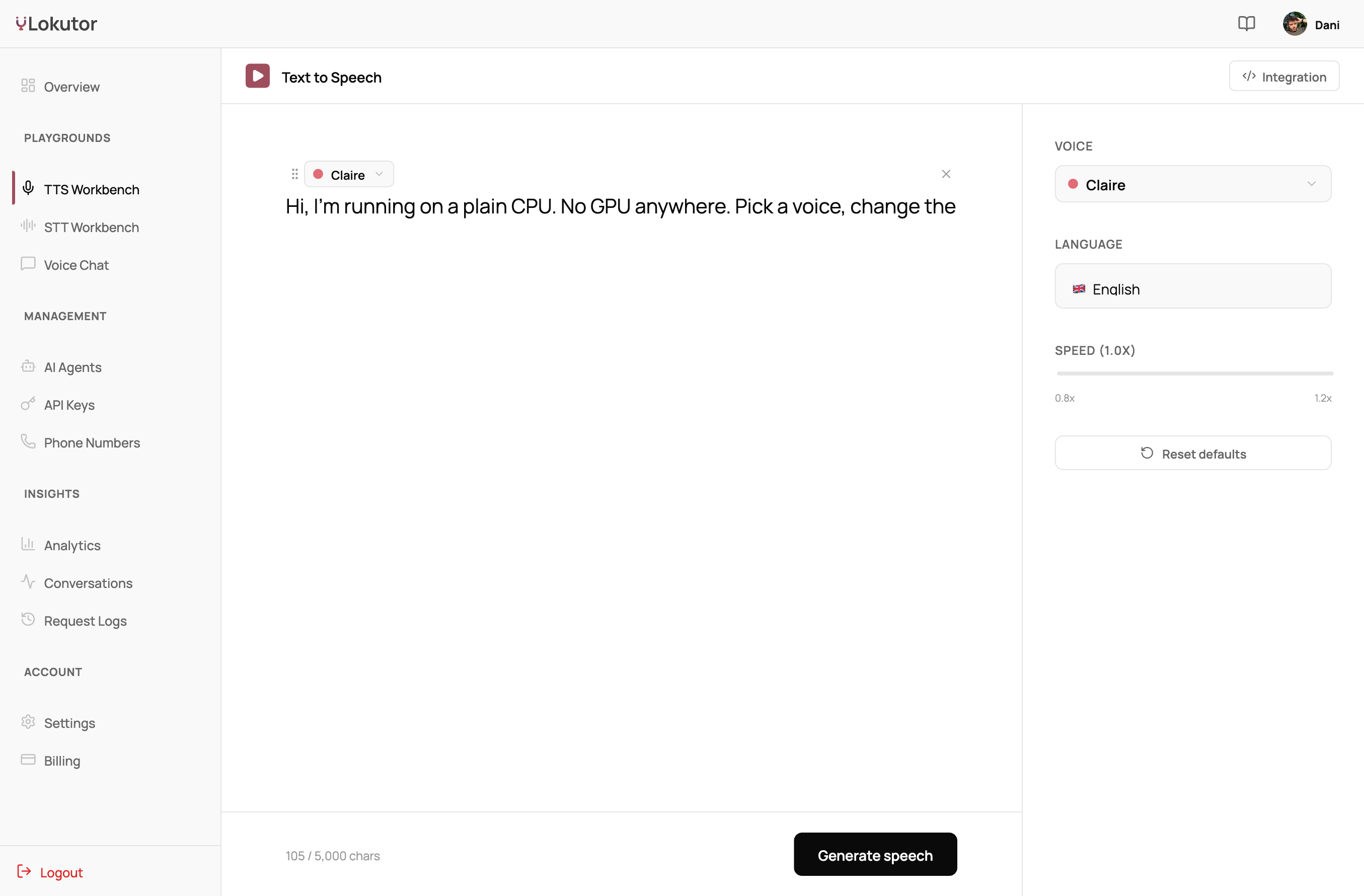 Lokutor dashboard: Speech